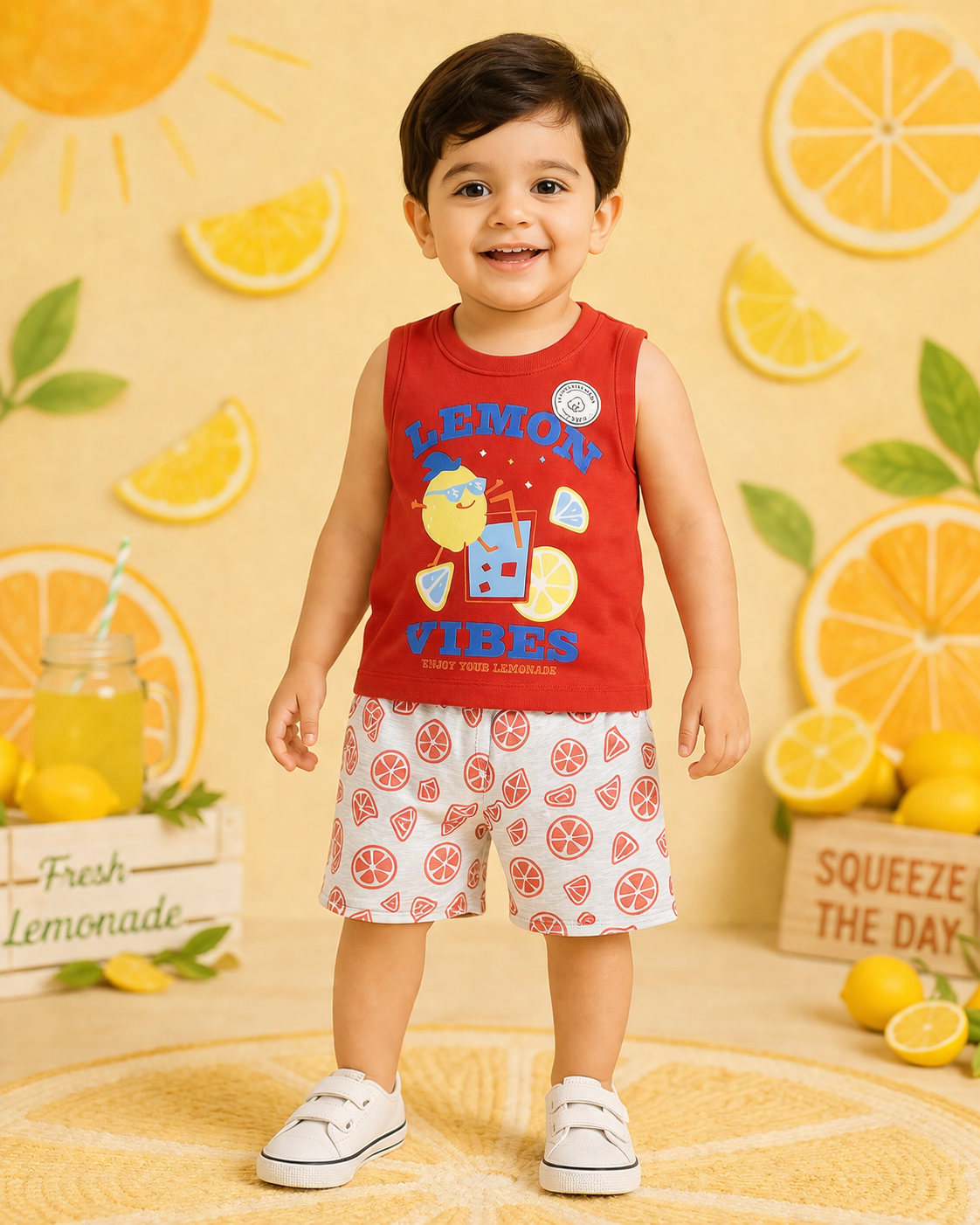 Red 'Lemon Vibes' Baby Boys Sleeveless Vest & Citrus Print Shorts Set | 1-3 Years