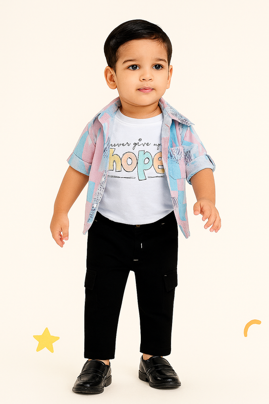 Pink & Blue Check Shirt + Hope Tee + Black Pants