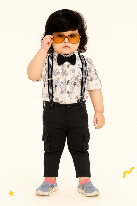 Little Gentleman Suspender Set – Printed Shirt & Bow Tie Look