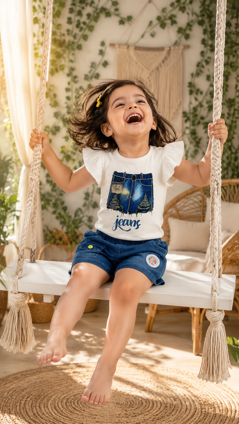 Jeans Graphic Flutter Tee & Denim Shorts Set