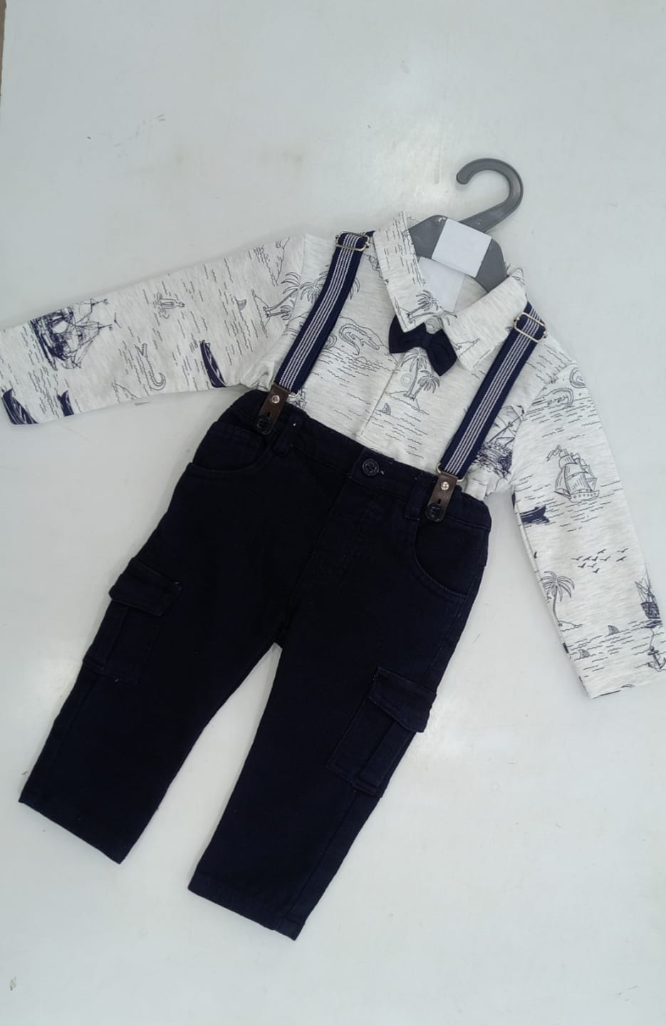 Nautical Print Shirt & Navy Suspender Pants Set