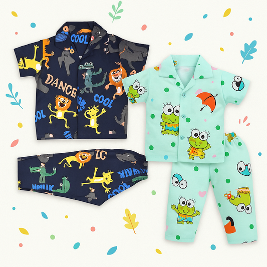 Pumpoosh Kids Cartoon Print Night Suit Set – 100% Cotton