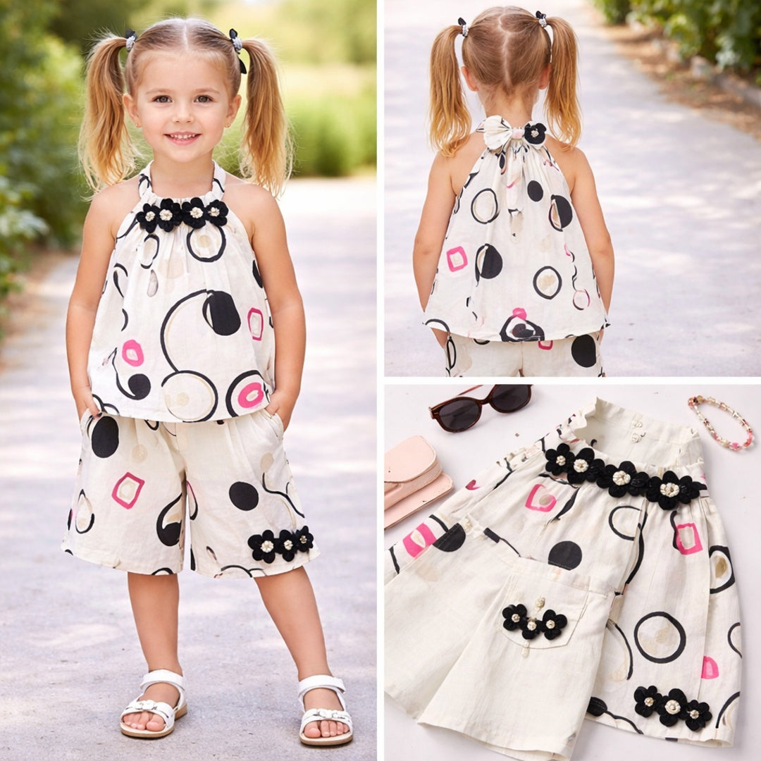 Girls Cream Printed Top with Shorts Set (Floral & Geometric Design)