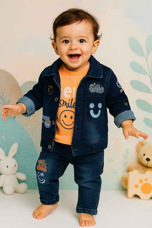 Baby Boys Denim Jacket & Jeans Set with Smiley Print