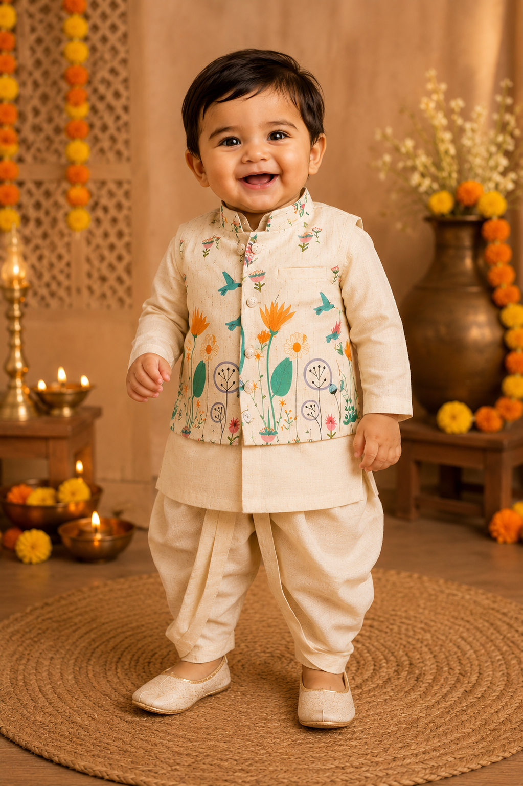 Cream Ethnic Kurta Dhoti Set with Koti for Baby Boys | 0–2 Years