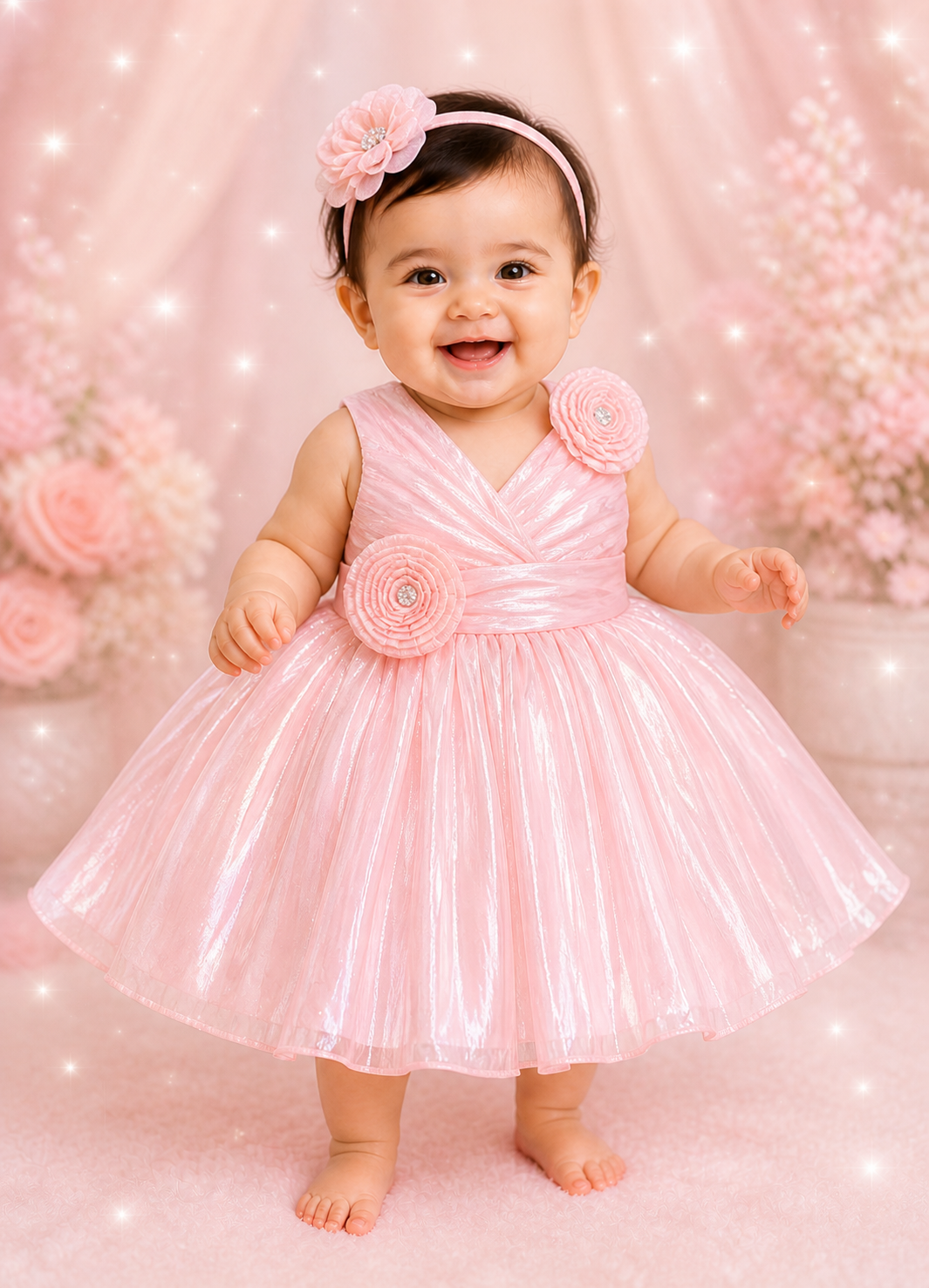 Baby Pink Shimmer Rosette Baby Girl Party Frock | 3D Flowers & Crystal Detail | V-Neck | 0-9 Months