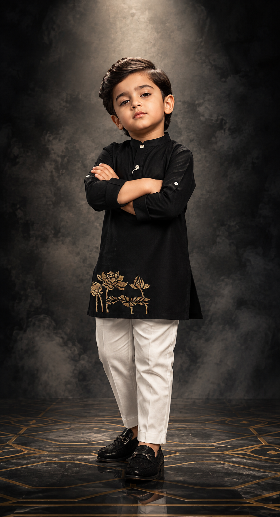 Black Gold Floral Embroidered Kurta & White Pant Set
