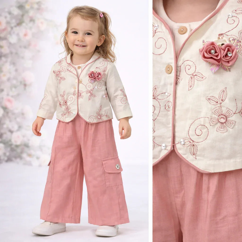 Girls Fancy Jacket Top & Palazzo Set (Peach Elegant Co-Ord Set)