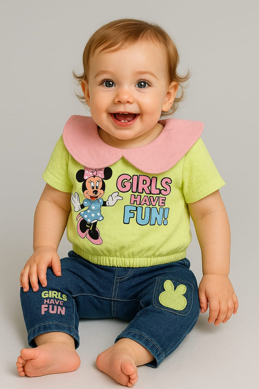 Minnie Mouse Cotton Co-Ord Set – Pink Tee & Navy Bottoms