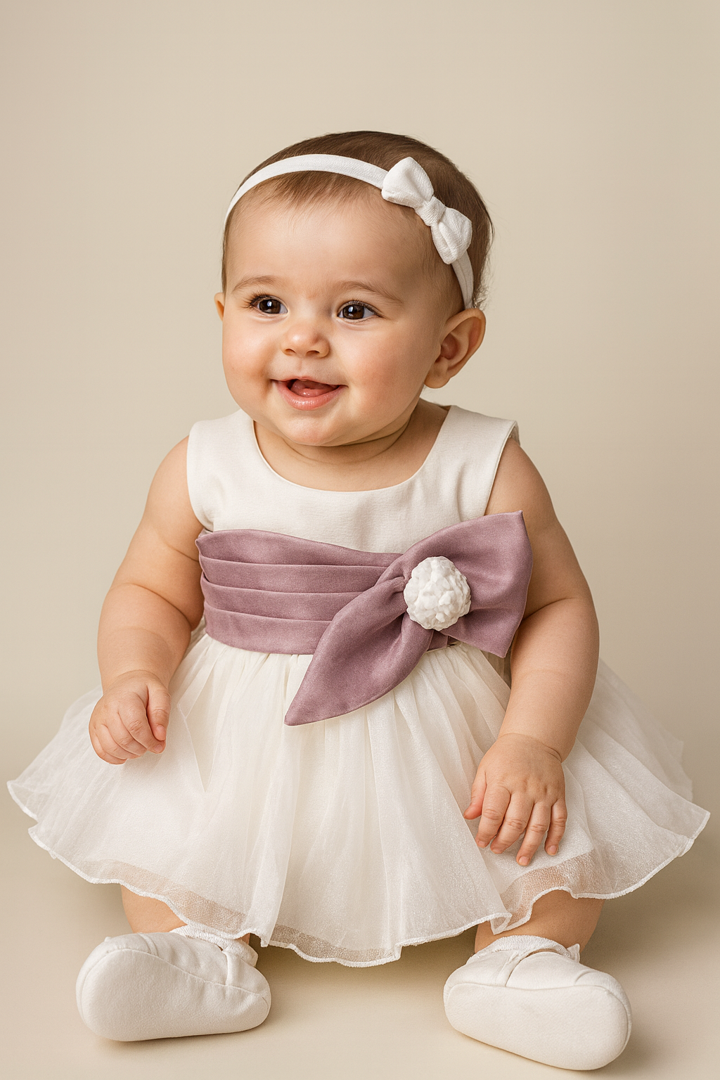 Baby Girl Elegant White Party Dress with Mauve Bow