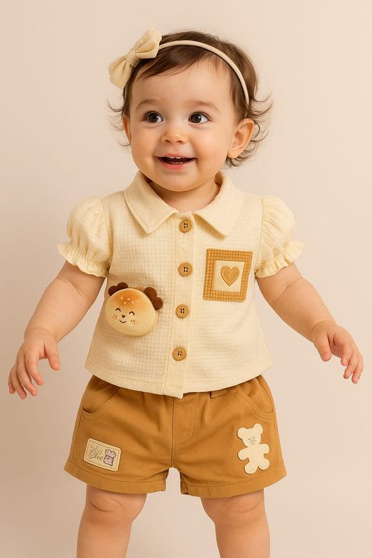 Peach & Mustard Teddy Co-ord Set for Baby Girls