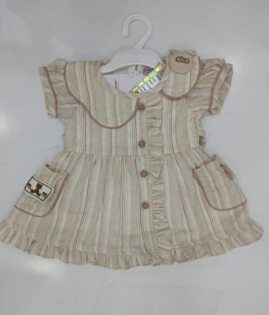 Beige Striped Cotton Frock with Ruffle Hem for Baby Girls