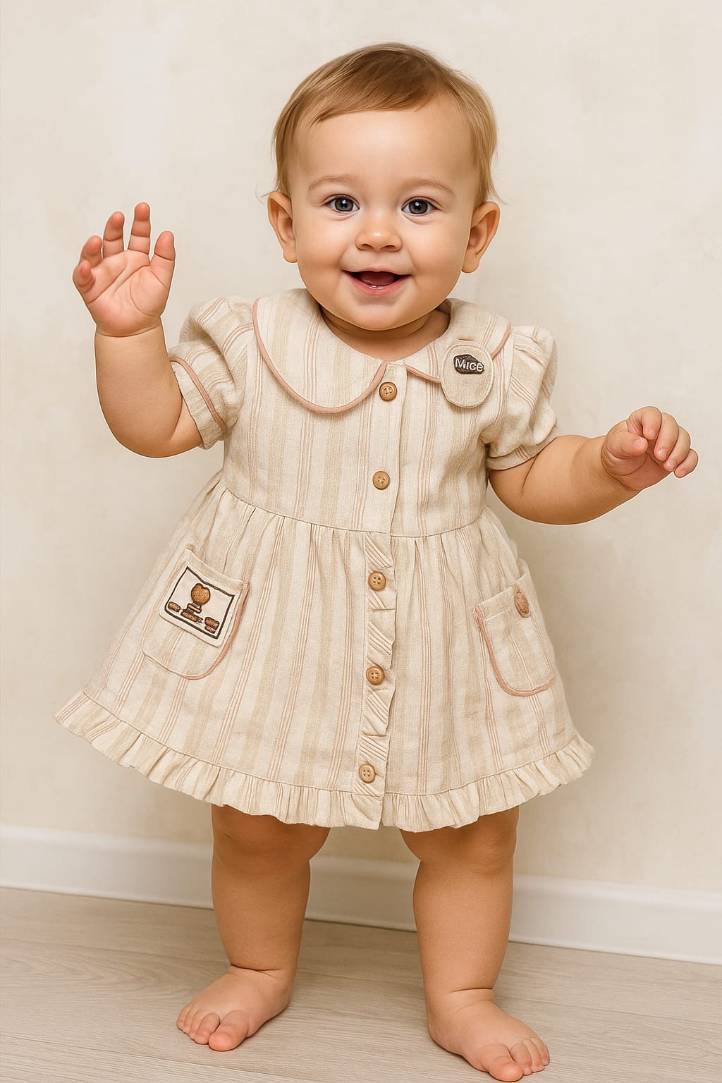 Beige Striped Cotton Frock with Ruffle Hem for Baby Girls