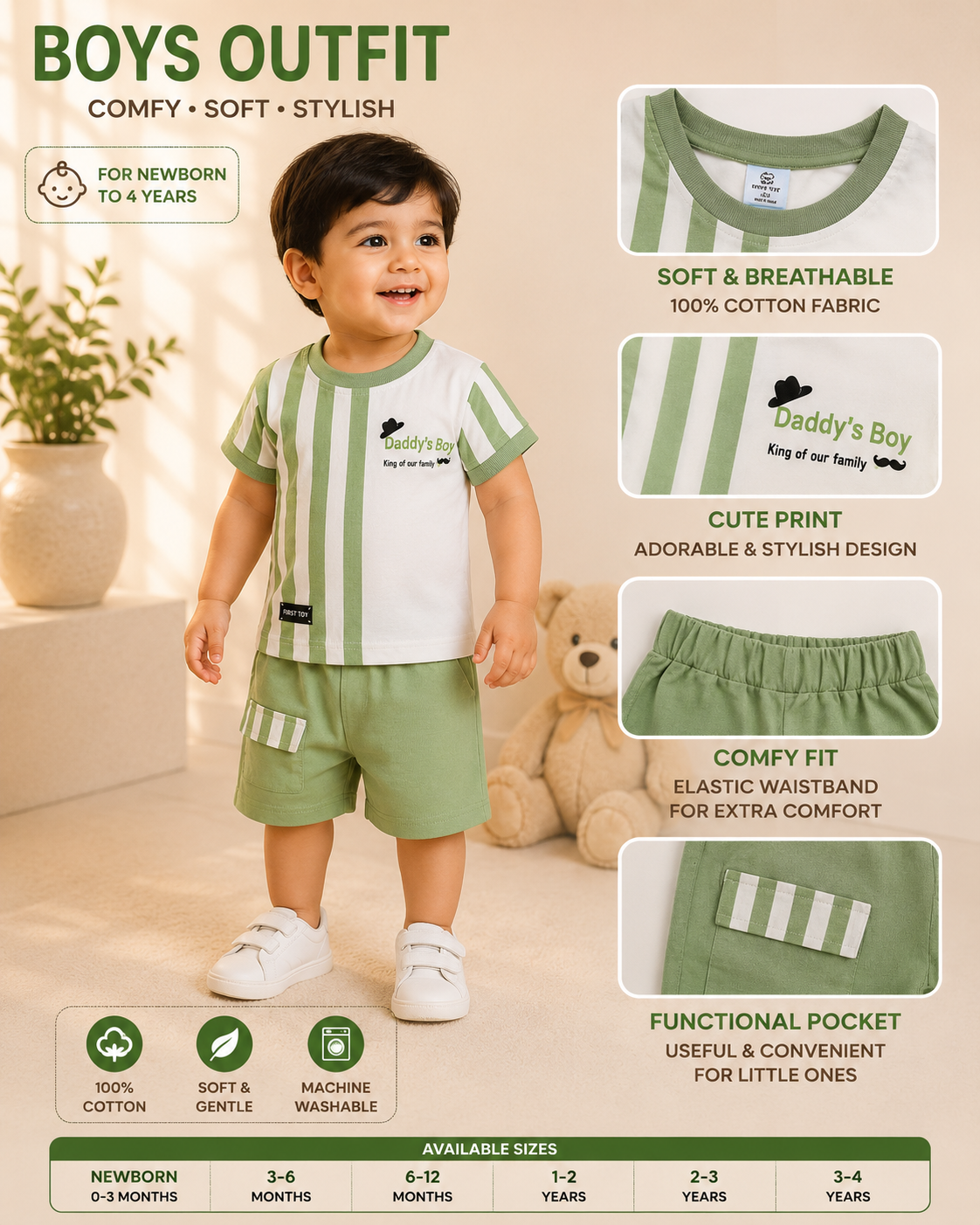 Daddy's Boy Striped Tee & Sage Green Cargo Shorts Set