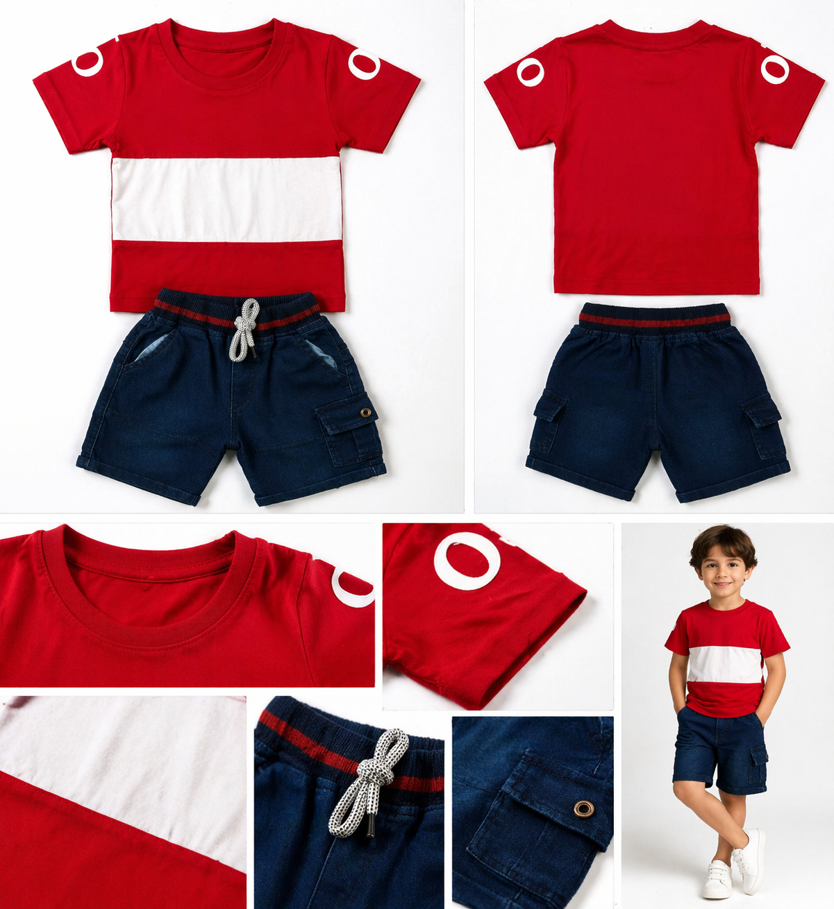 Boys Red T-Shirt & Denim Shorts Set