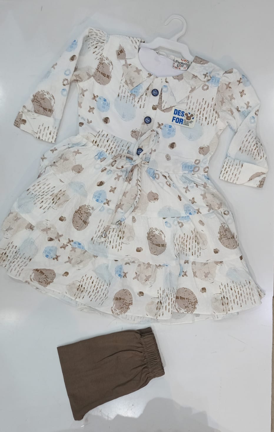 Stylish Printed Cotton Kurti Set – White & Brown (3 to 11 Years)