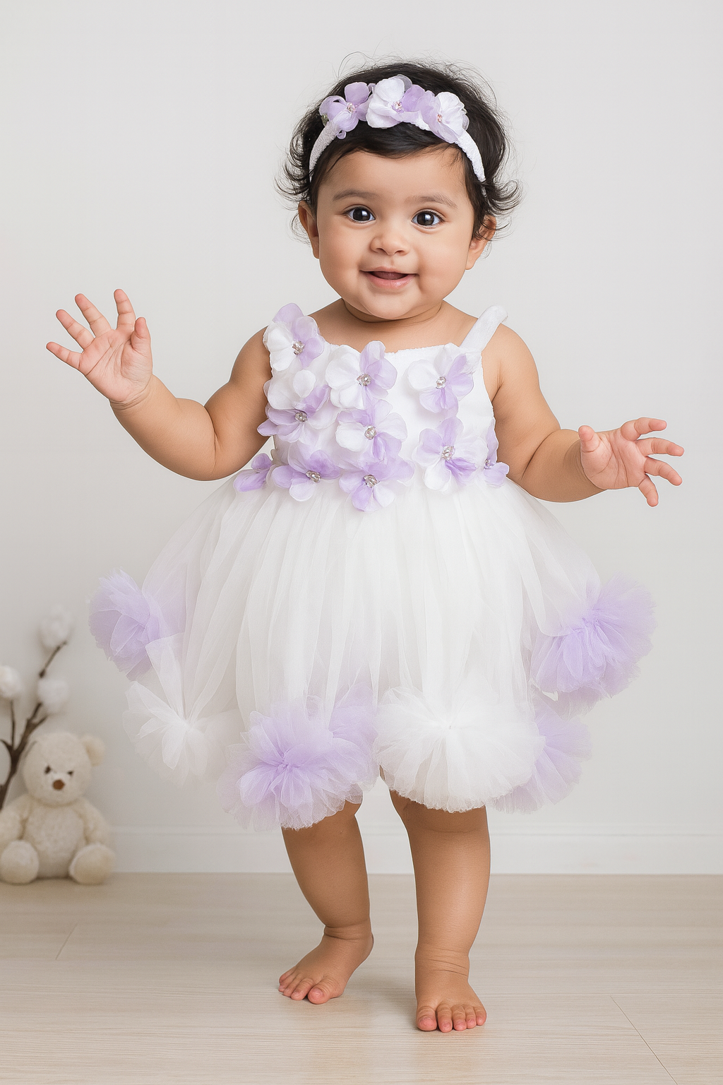 White & Lavender Floral Party Dress for Baby Girls (0.6–1 Years)