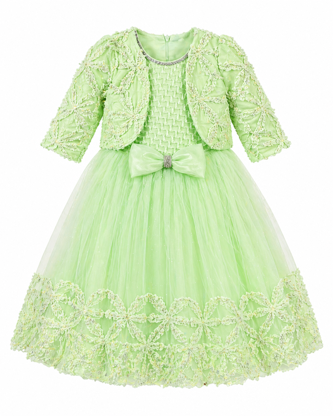 Mint Green Floral Lace Jacket Tulle Gown | Mint Kids