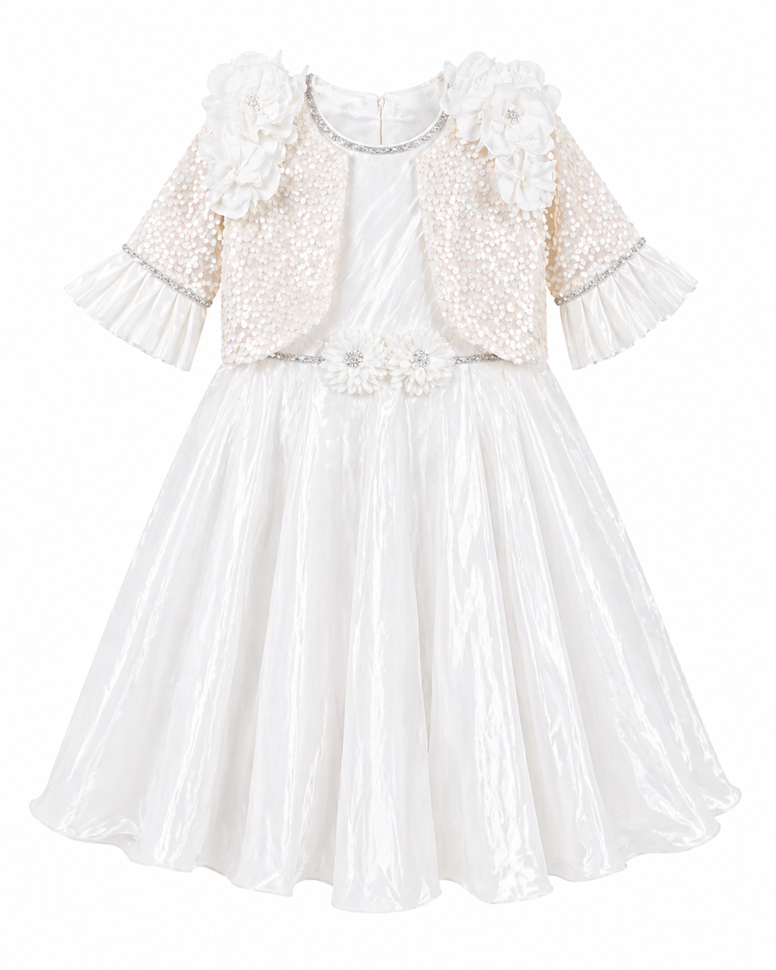 White Pearl Floral Jacket Shimmer Gown | Mint Kids