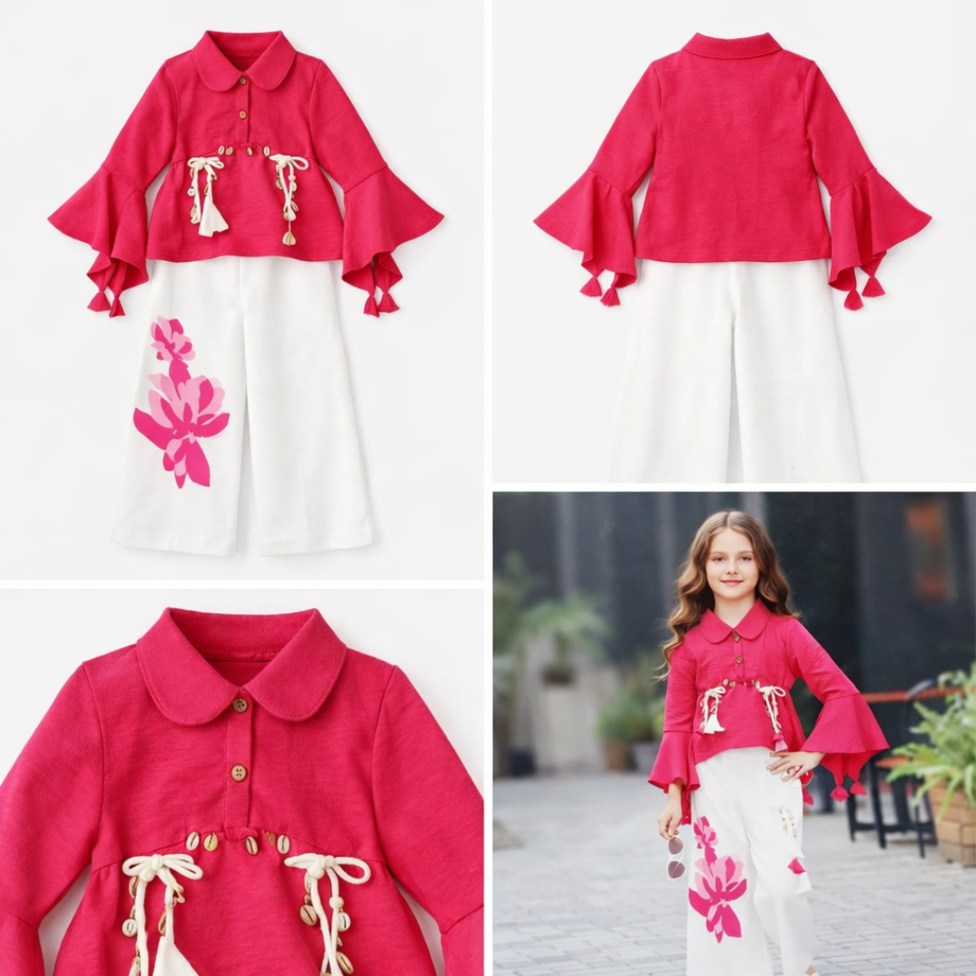 Girls Pink Tassel Top with White Floral Pant Set