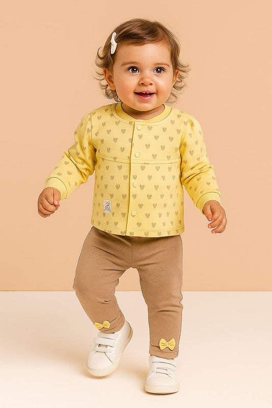 Printed Buttoned Top & Leggings Set with Bow Detail