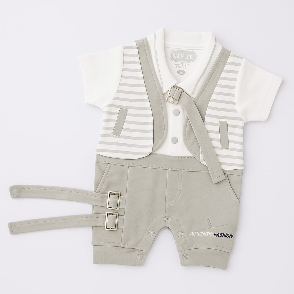 Baby Boy Suspender Romper Set – Beige & White Striped Vest Look