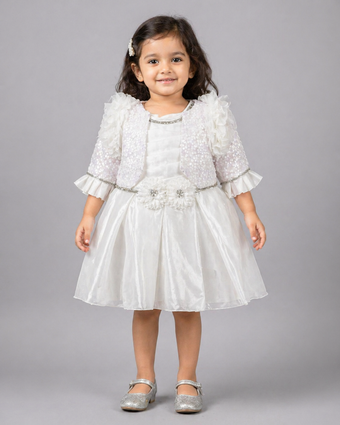 White Shimmer Frock with Floral Sequin Jacket | Mint Kids