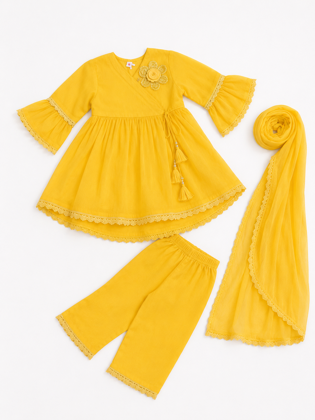 Yellow Floral Embroidered Angrakha Kurta Set with Dupatta