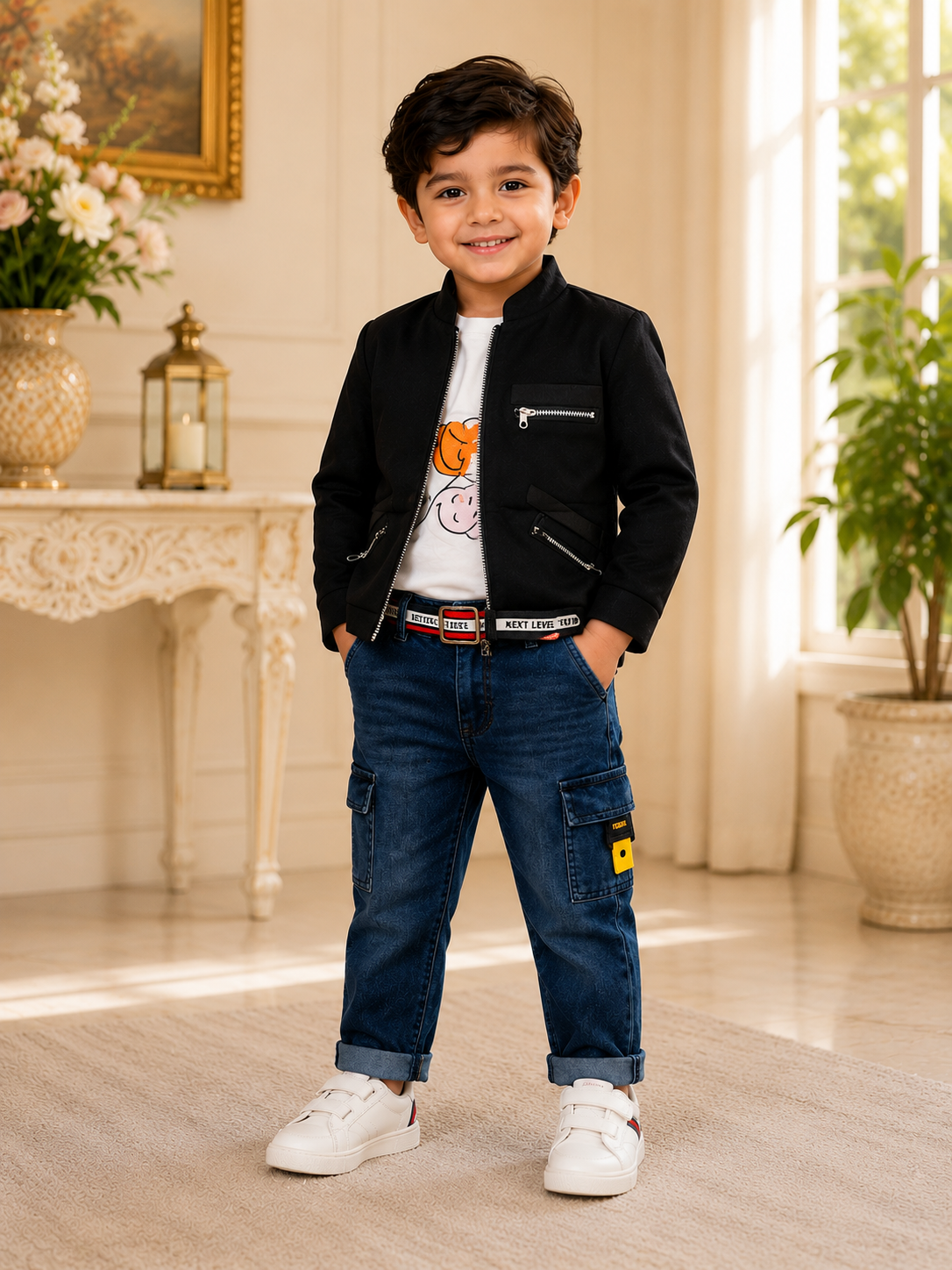 Black Jacket & Cargo Jeans Casual Set for Boys