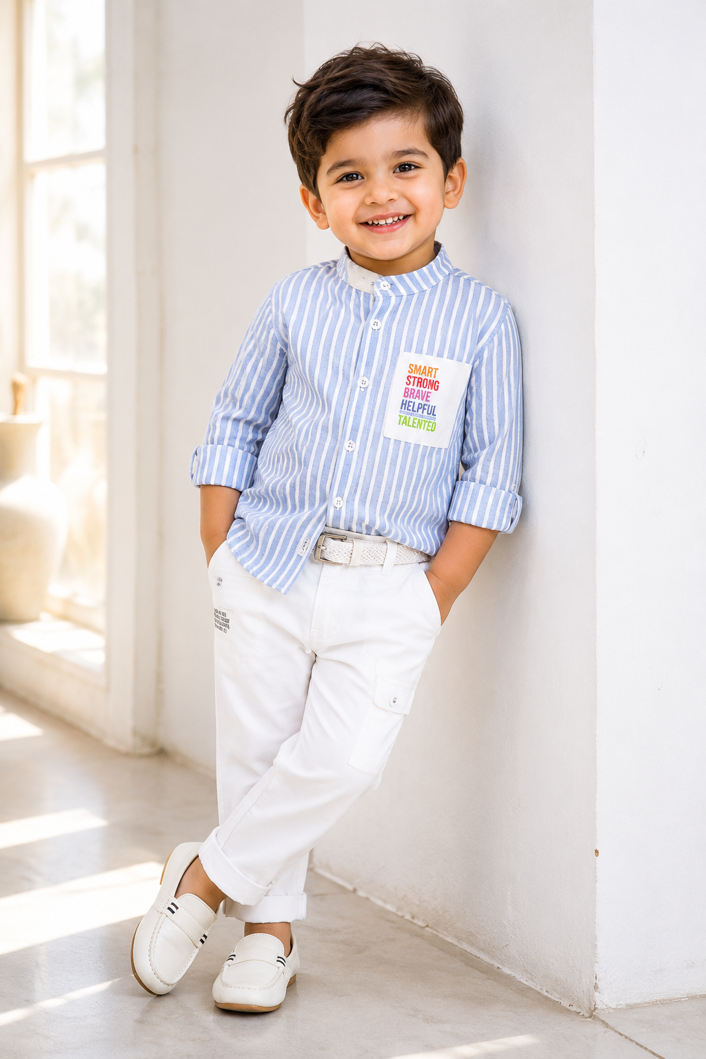 Blue Stripe 'Smart Strong Brave' Boys Full Sleeve Shirt & White Pants Set | 1-3 Years