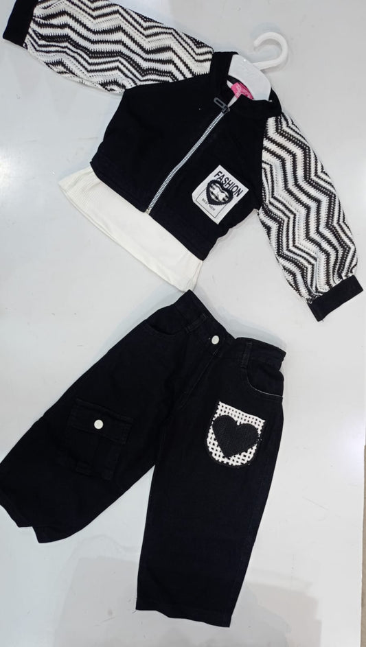 Trendy Black & White Jacket Set with Heart Pocket – For Girls (1–3 Yrs)