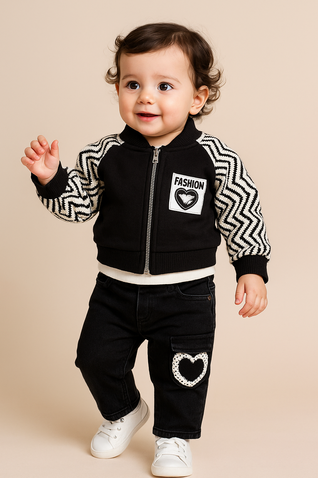 Girls Black Fashion Jacket with Matching Pants Set (1–4 Years)