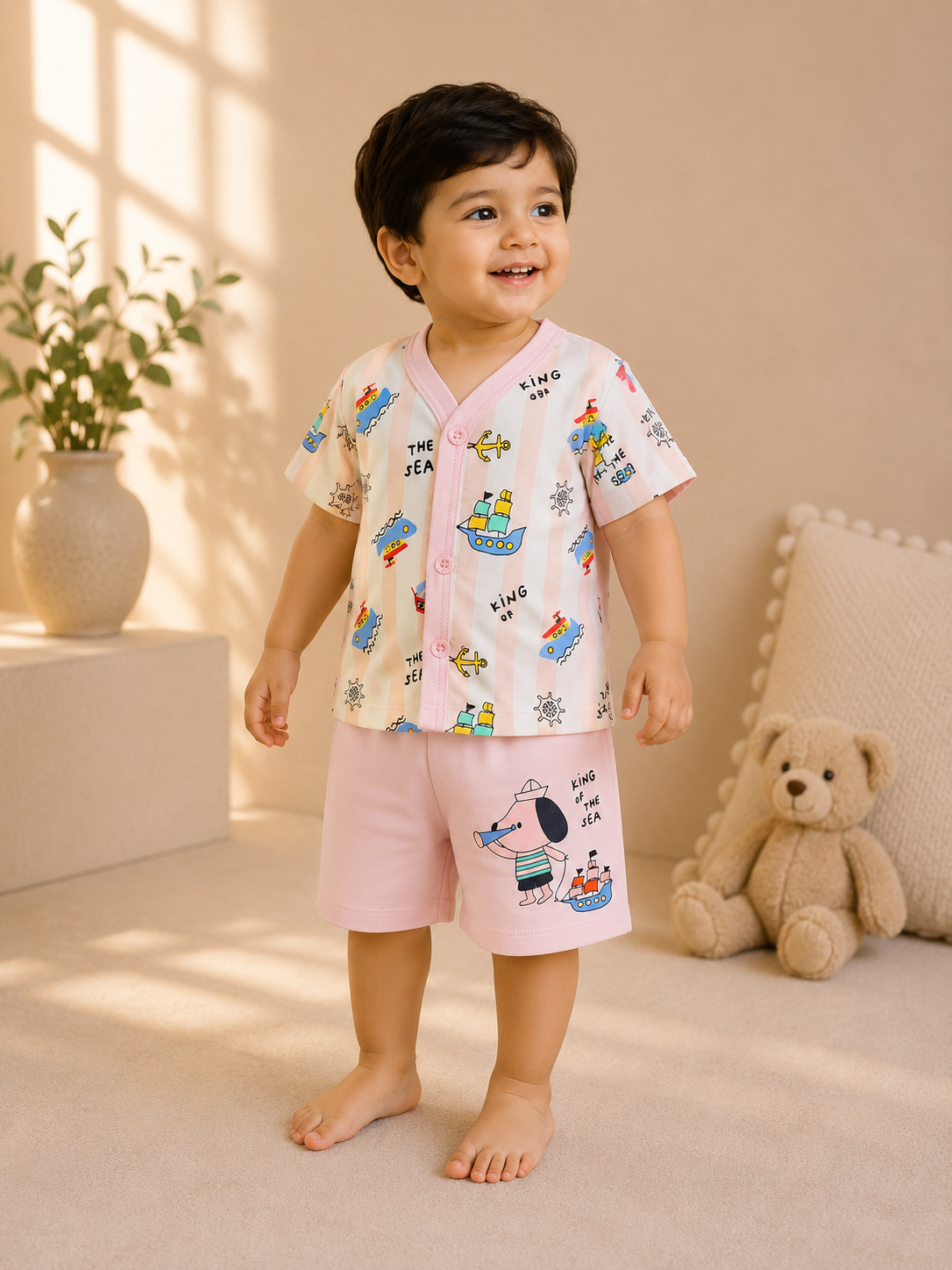 King of the Sea Nautical Print Shirt & Pink Shorts Set