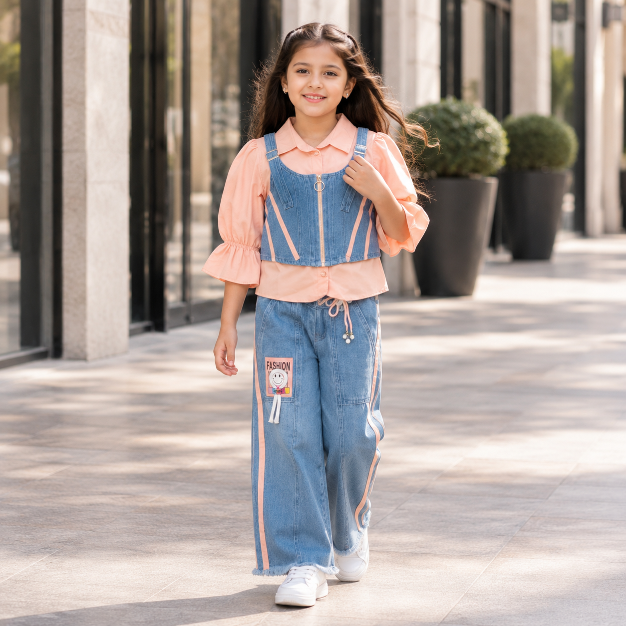 Peach Shirt & Denim Dungaree Co-ord Set