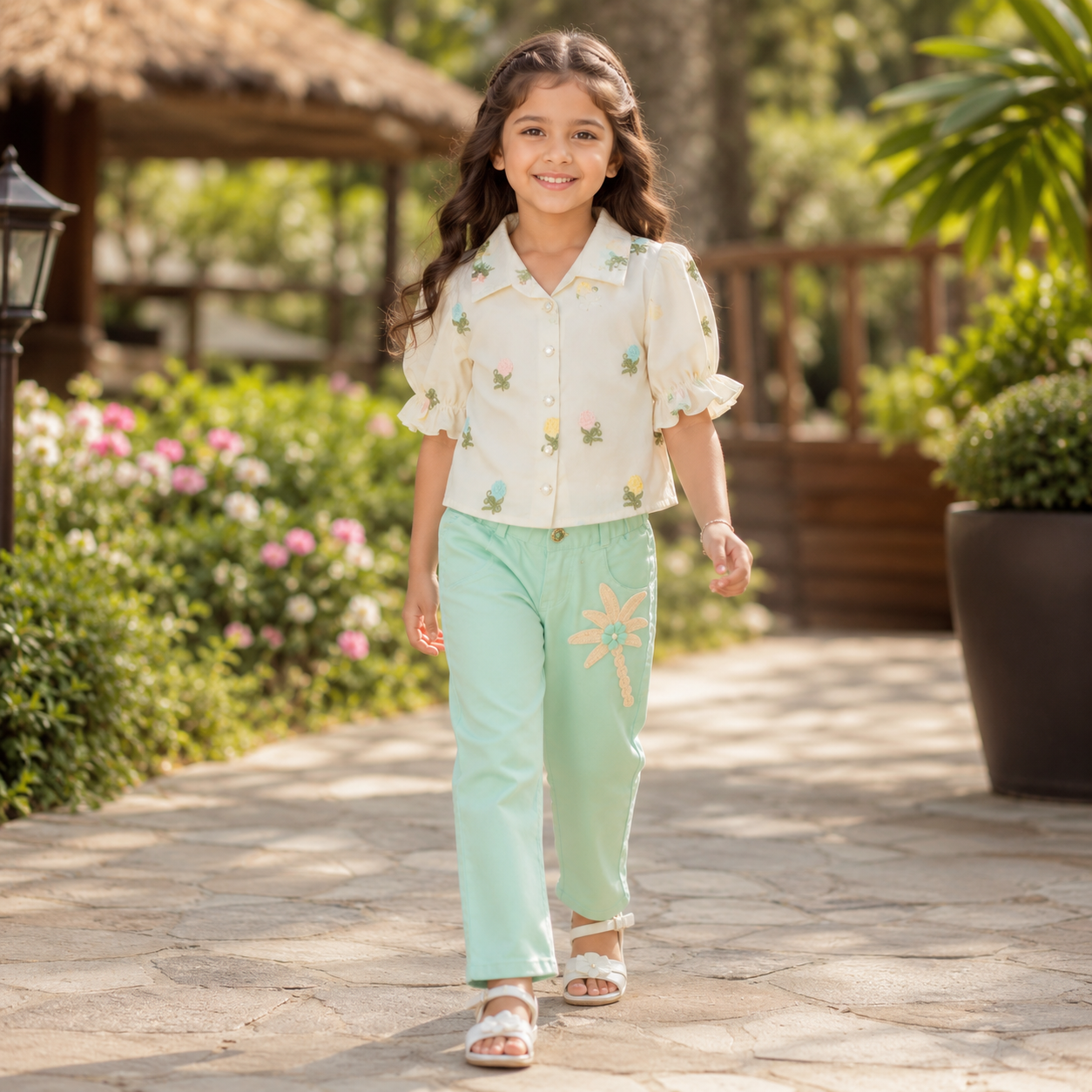 Cream Floral Shirt & Mint Cargo Pants Set
