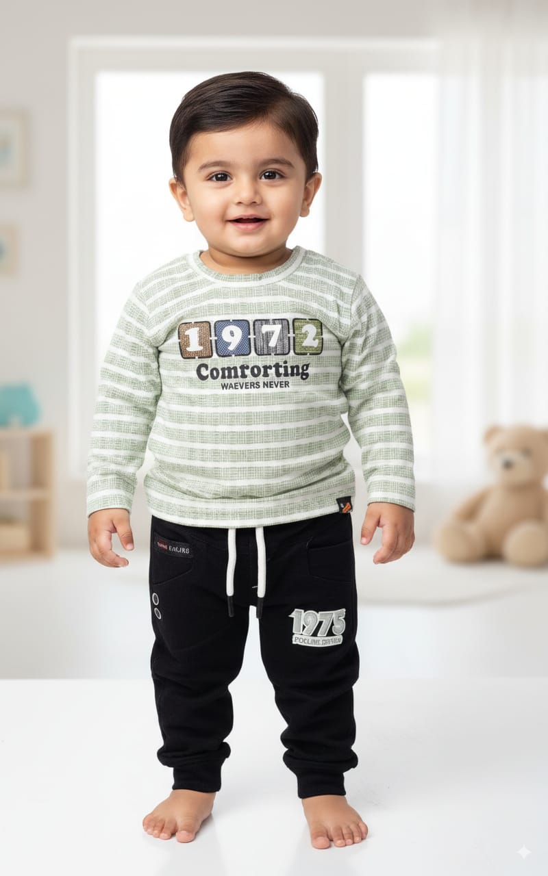 Baby Boys Striped Sweatshirt & Jogger Pants Set – Green & Black (3M to 1Y)