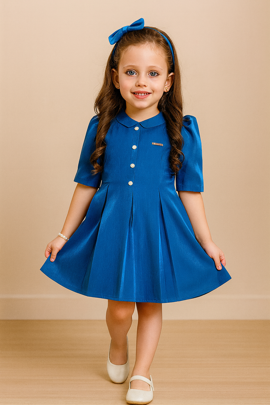 Royal Blue Pleated Dress with Button Detail