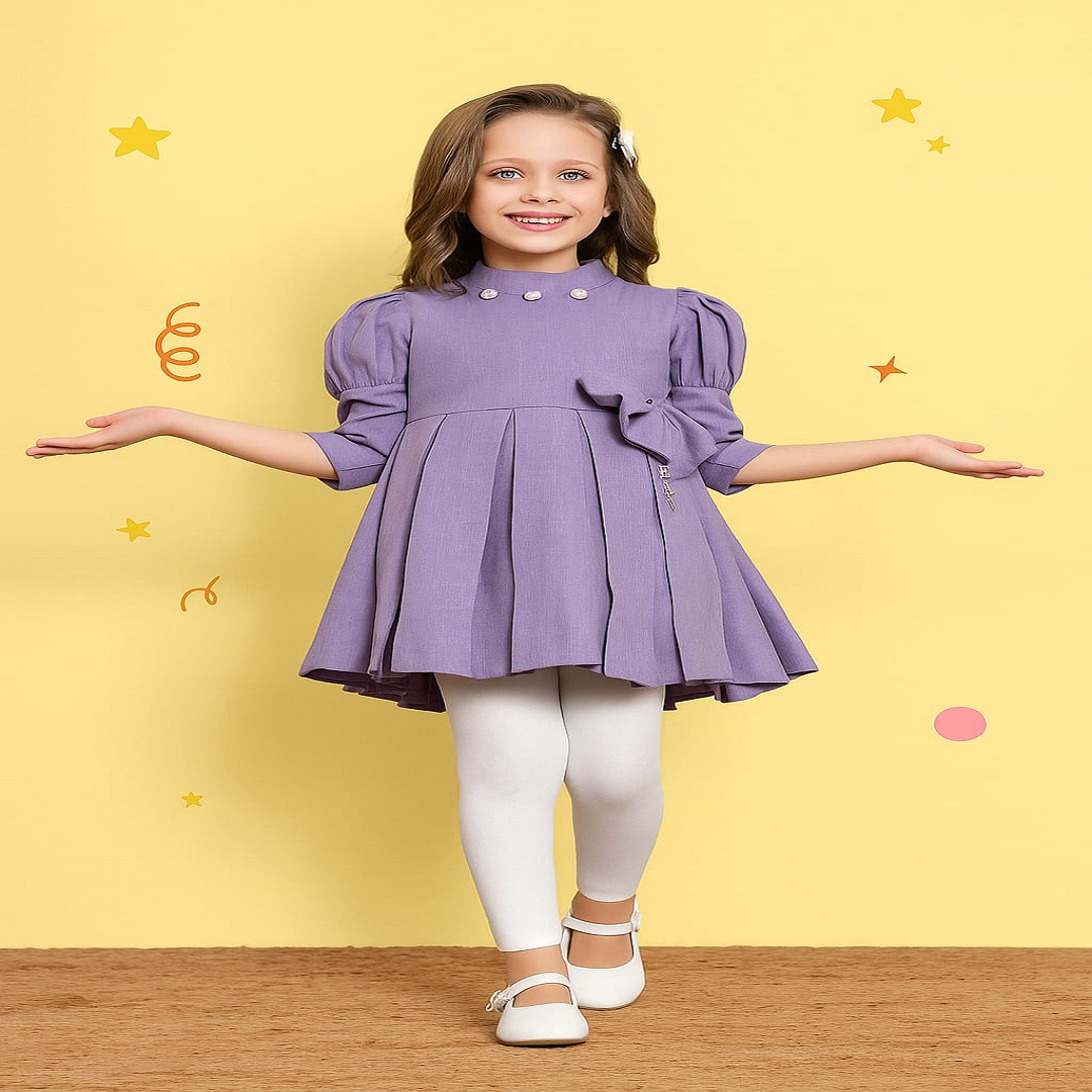 Royal Lilac Princess Dress – Pleated Flair with Pearl Buttons