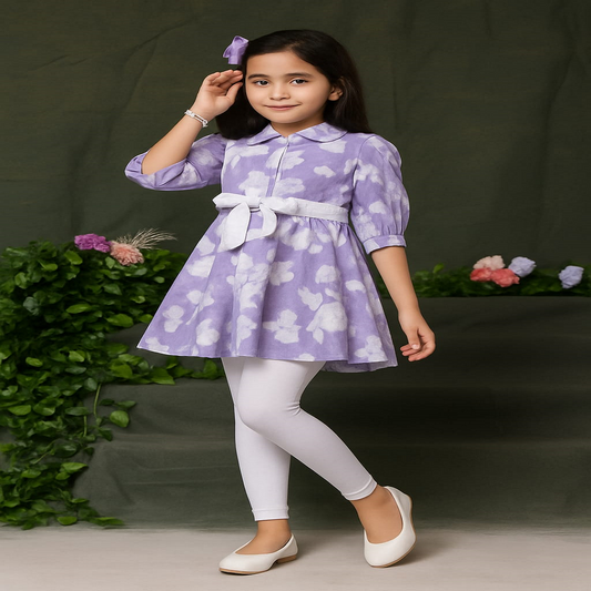Floral Charm Dress – Buttoned Frock with Waist Bow