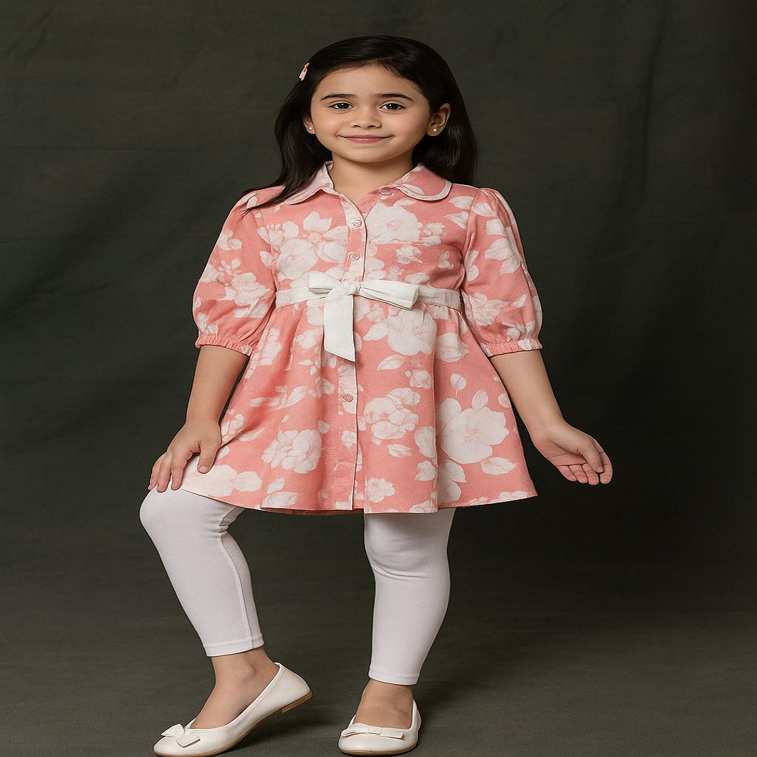 Floral Charm Dress – Buttoned Frock with Waist Bow