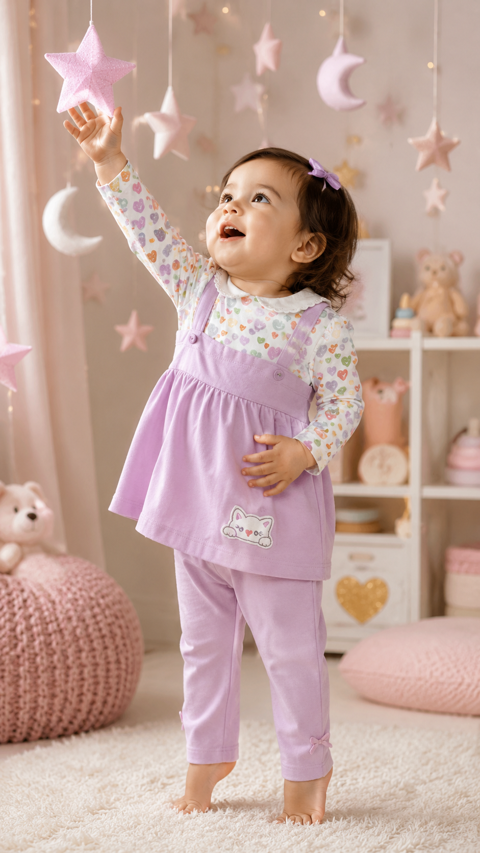Lavender Cat Appliqué Pinafore Dress & Heart Print Tee Set