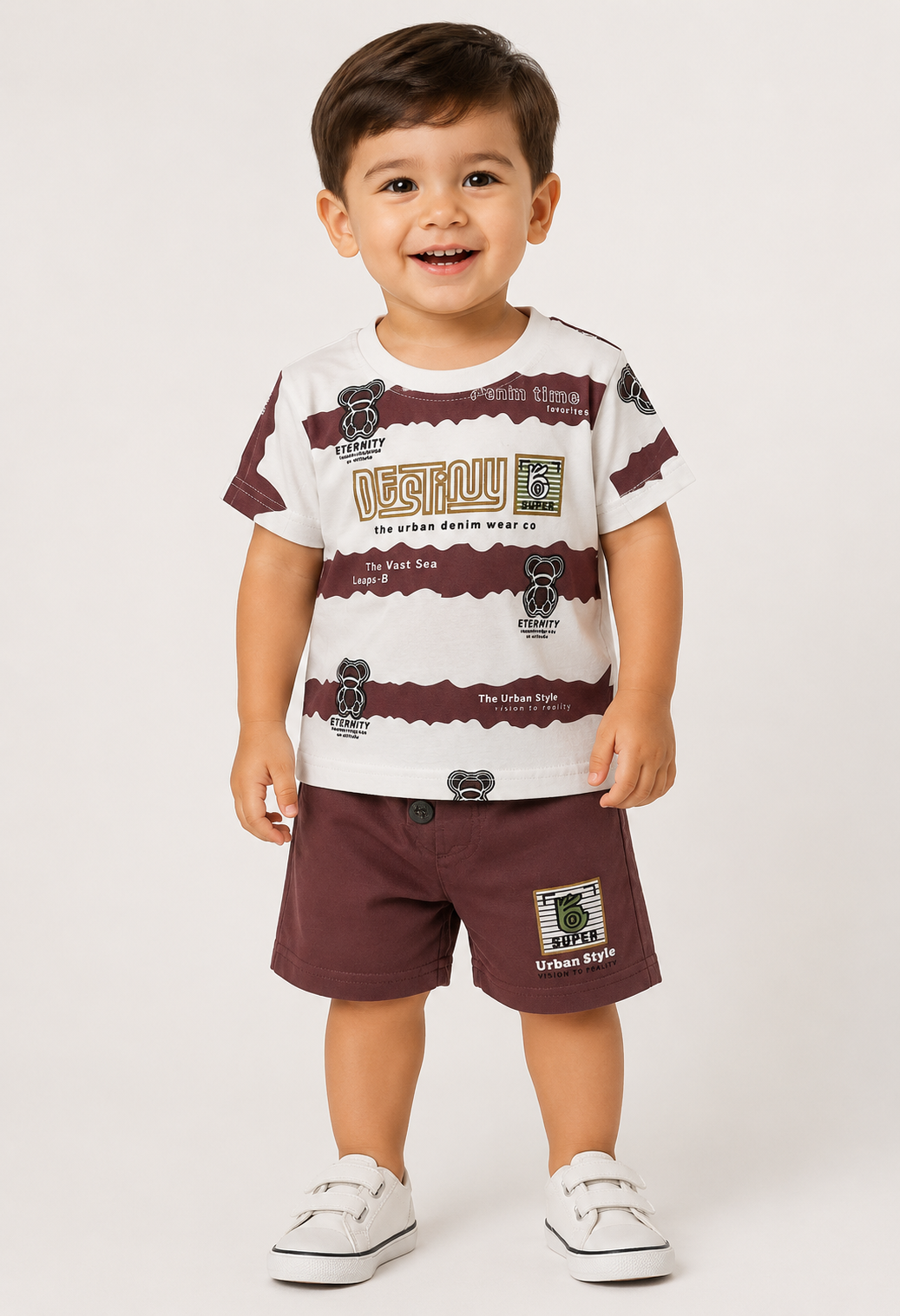 Destiny Urban Denim Bear Stripe Tee & Shorts Set