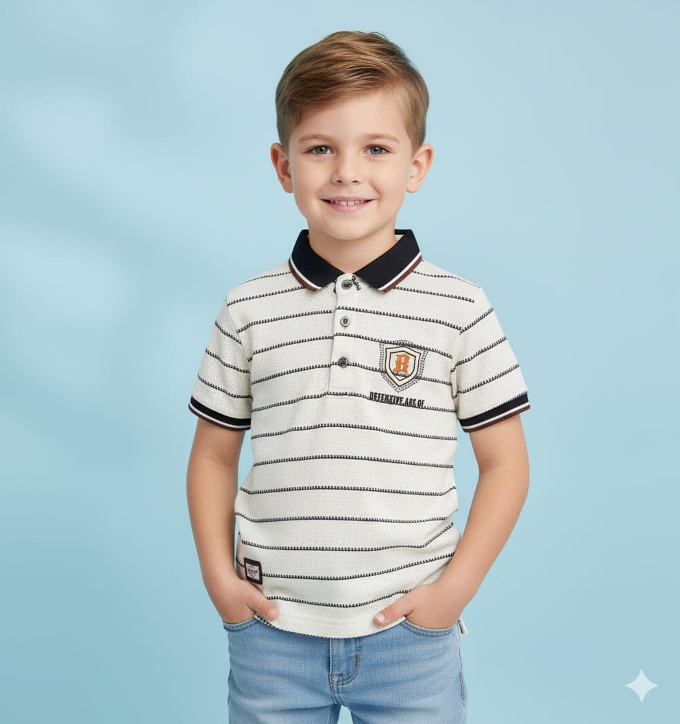 Boys White & Black Striped Polo T-Shirt – 4Y to 17Y