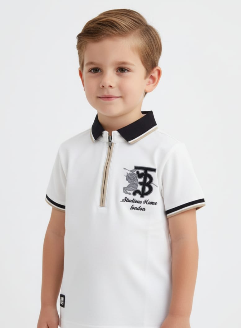 Boys White Zip-Collar Polo T-Shirt – 5Y to 17Y
