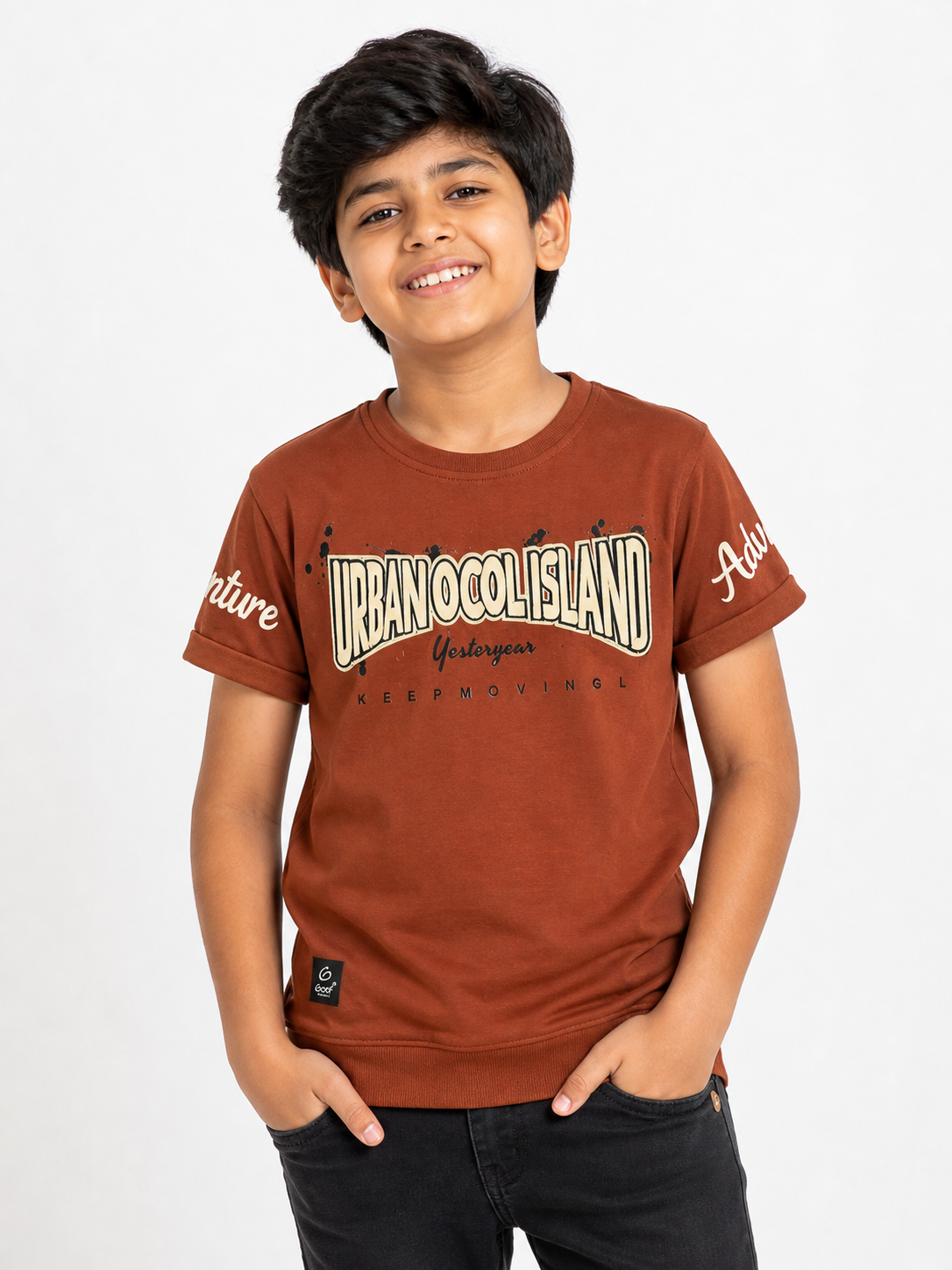 Rust Brown Urban Cool Island Boys Graphic T-Shirt | Adventure Sleeve Print | 6-12 Years