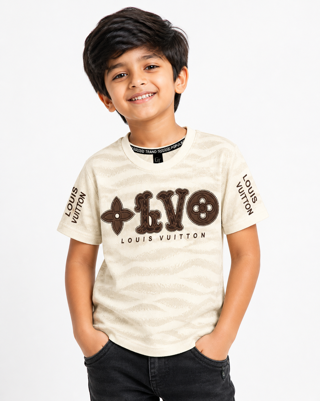Cream Luxury Monogram Graphic Boys T-Shirt | Wave Texture & Sleeve Print | 6-12 Years