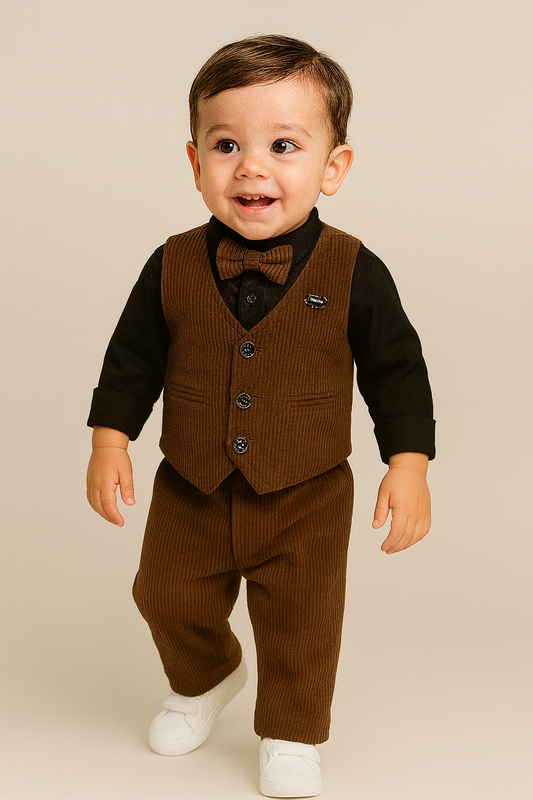 Boys Corduroy Party Suit Set (Beige & Brown)
