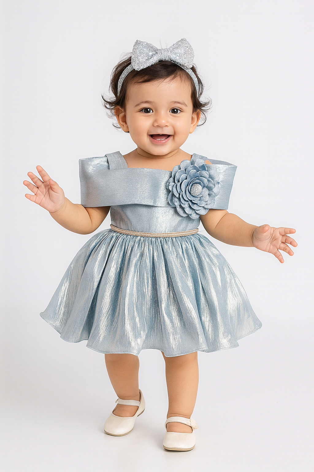 Elegant Silver Shine Party Dress for Girls (1–4 Years)
