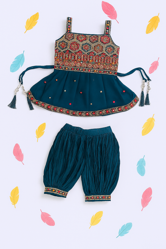 Floral Festive Sarara Set – Teal Blue & Mirror Embellished