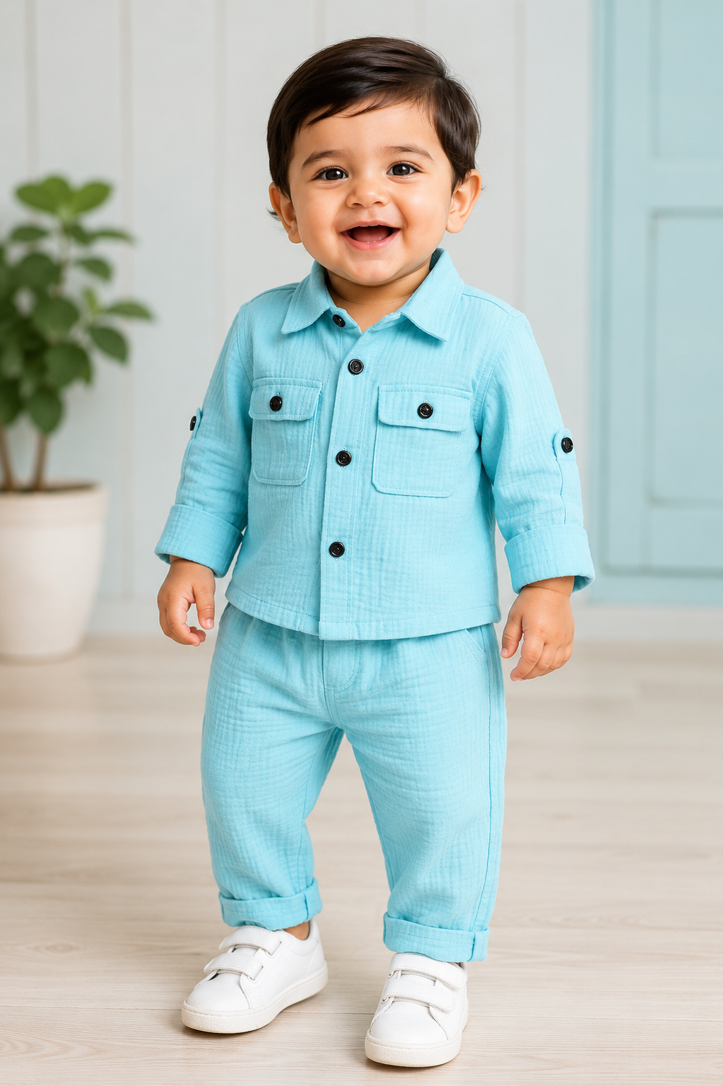 Aqua Blue Muslin Shirt & Pant Coord Set for Baby Boys | 0–2 Years